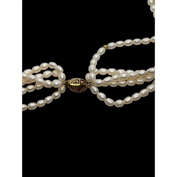 Vintage 5 Strand Faux Pearl Necklace-Rice Beads-Gold Tone Clasp-Multi-Choker-80s - Picture 6 of 7